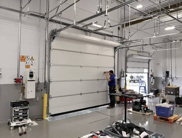 Commercial garage door repair being performed by Middleburg Heights Garage Door Repair expert in Middleburg Heights