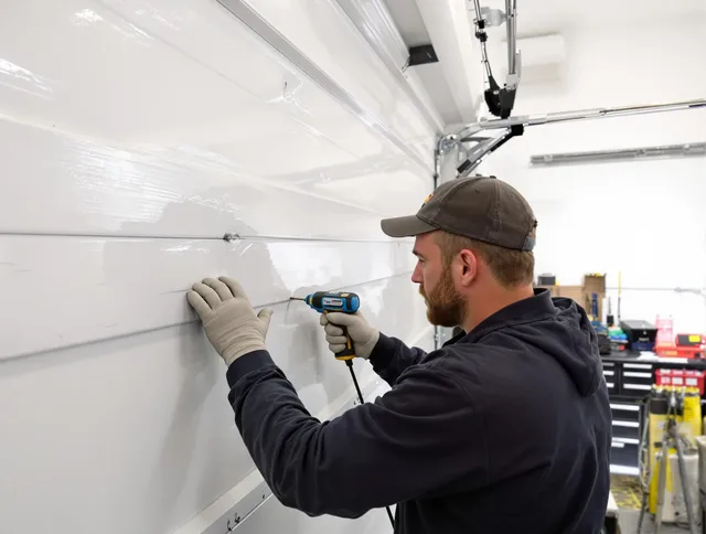 Middleburg Heights Garage Door Repair technician demonstrating precision dent removal techniques on a Middleburg Heights garage door
