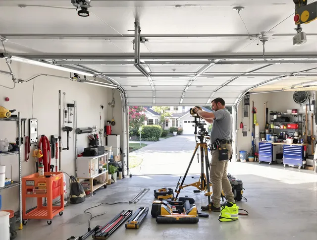 Middleburg Heights Garage Door Repair specialist performing laser-guided track alignment in Middleburg Heights